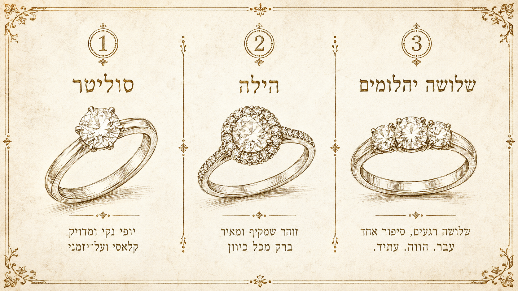 השוואת עיצובי טבעת יהלום: סוליטר, הילה ושלושה יהלומים