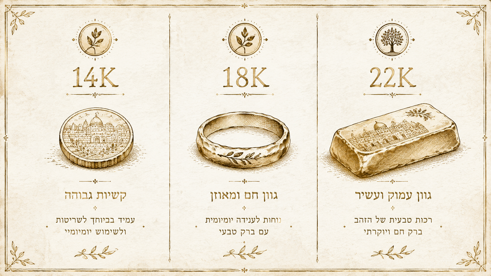 ההבדל בין זהב 14K 18K ו-22K - השוואה ויזואלית