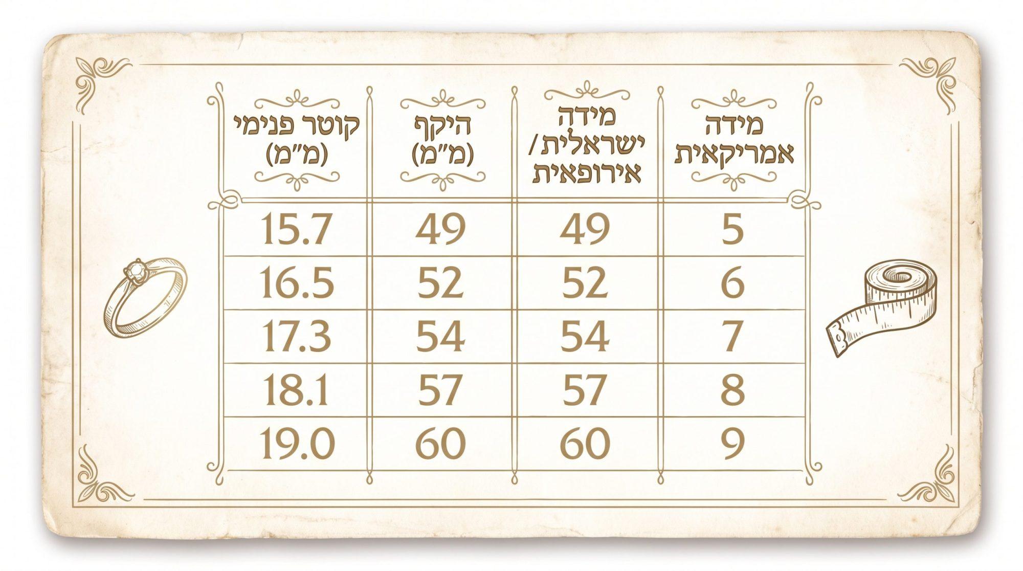 טבלת המרה בין מידת טבעת ישראלית למידות בינלאומיות